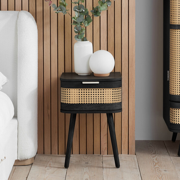 Niven Wooden Bedside Cabinet with 1 Rattan Drawer in Black