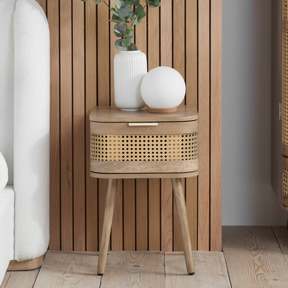Niven Wooden Bedside Cabinet with 1 Rattan Drawer in Oak