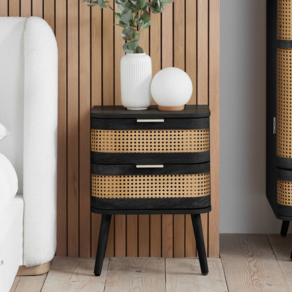 Niven Wooden Bedside Cabinet with 2 Rattan Drawers in Black