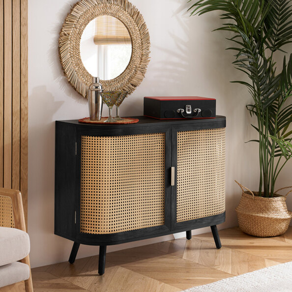 Niven Wooden Storage Cabinet with 2 Rattan Doors in Black