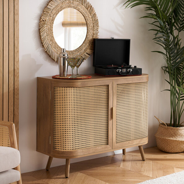 Niven Wooden Storage Cabinet with 2 Rattan Doors in Oak