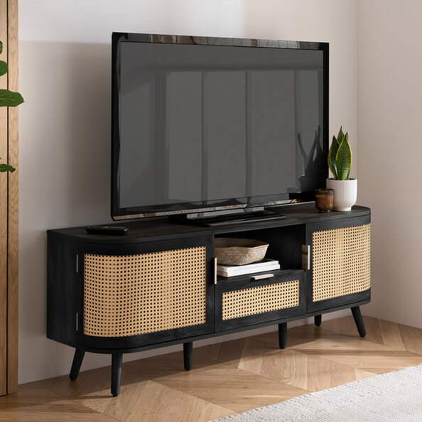 Niven Wooden TV Stand with 2 Rattan Doors 1 Drawer in Black