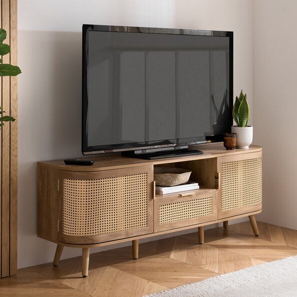 Niven Wooden TV Stand with 2 Rattan Doors 1 Drawer in Oak
