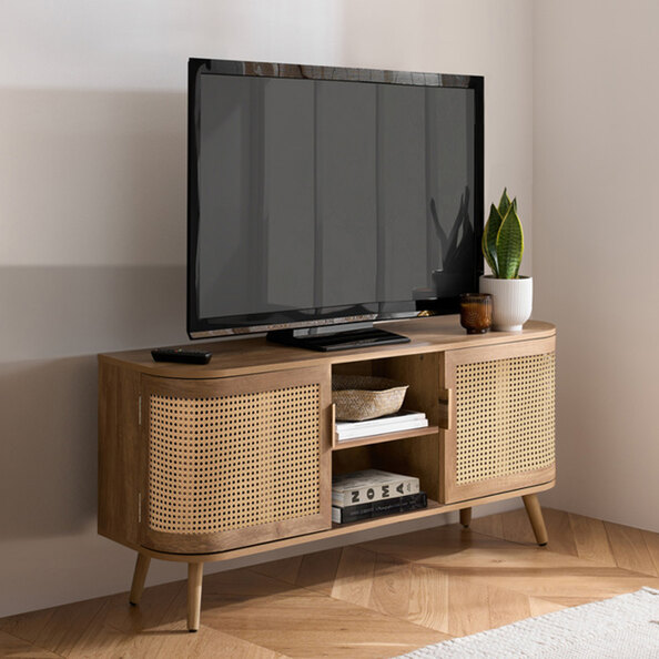 Niven Wooden TV Stand with 2 Rattan Doors in Oak