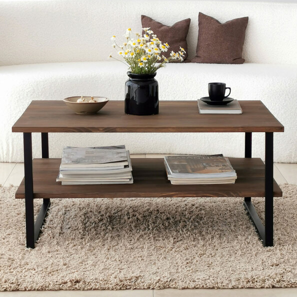 Nivora Pine Wood Coffee Table with Metal Frame in Walnut