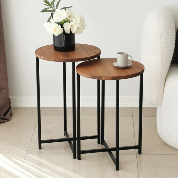 Nivora Pine Wood Nest Of 2 Side Table with Metal Frame in Oak