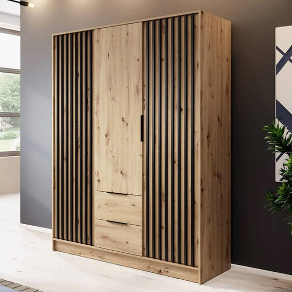 Newberry Wooden Wardrobe With 3 Hinged Doors 155cm In Artisan Oak