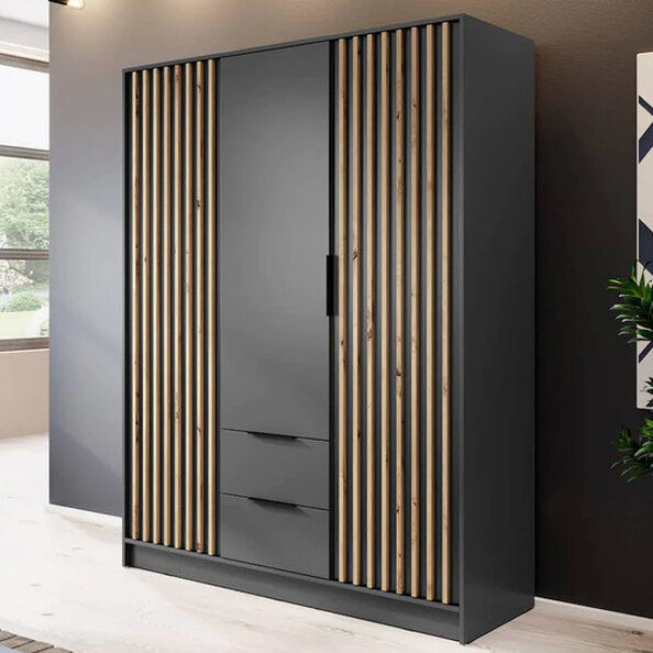Newberry Wooden Wardrobe With 3 Hinged Doors 155cm In Graphite