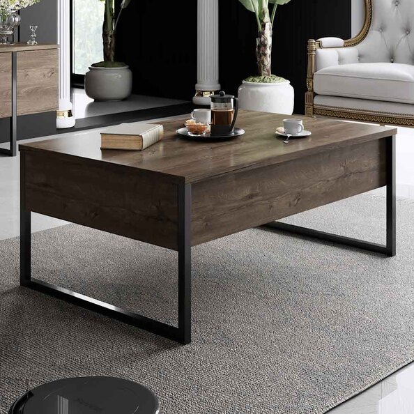 Nordic Wooden Coffee Table with Black Metal Frame in Walnut