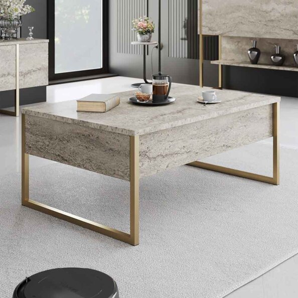 Nordic Wooden Coffee Table with Gold Metal Frame in Travertine Marble Effect