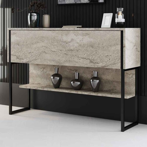Nordic Wooden Console Table With Black Metal Frame in Travertine Marble Effect
