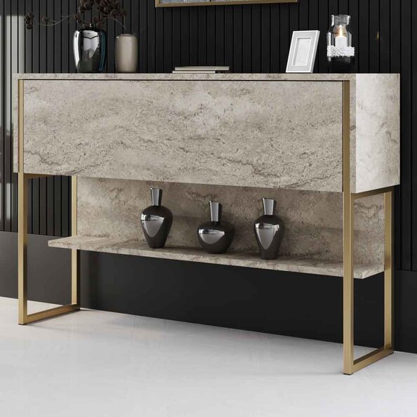 Nordic Wooden Console Table With Gold Metal Frame in Travertine Marble Effect