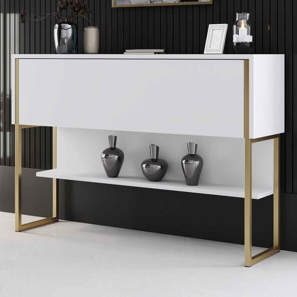 Nordic Wooden Console Table With Gold Metal Frame in White
