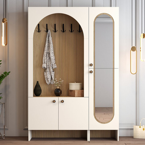 Nordo Wooden Coat Stand with Mirror in Cream and Oak