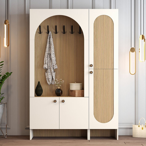 Nordo Wooden Coat Stand with Shoe Storage in Cream and Oak
