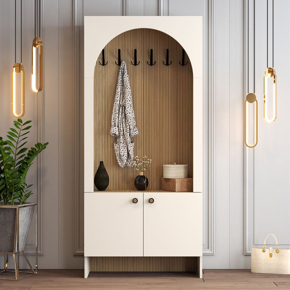Nordo Wooden Coat Stand with Storage in Cream and Oak