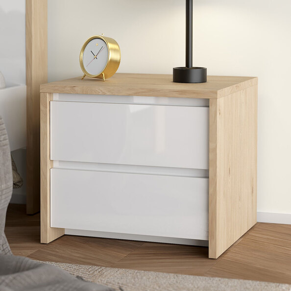 Norfolk Wooden Bedside Cabinet 2 White Gloss Drawers In Hickory