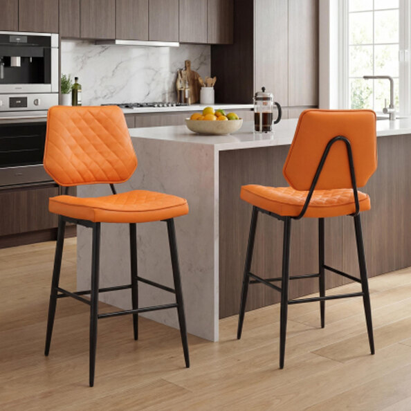 Norham Orange Real Leather Bar Stools in Pair