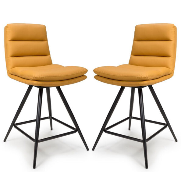Norton Ochre Leather Counter Bar Chairs With Metal Legs In Pair
