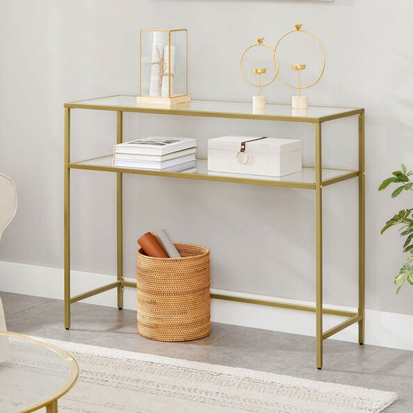 Norvion Tempered Glass Top Console Table With Gold Metal Frame
