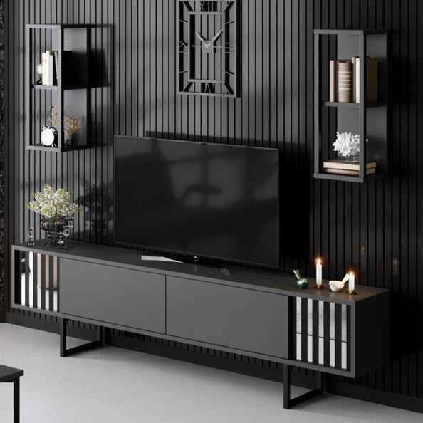 Novara Wooden Entertainment Unit With 2 Wall Shelves Anthracite And Black