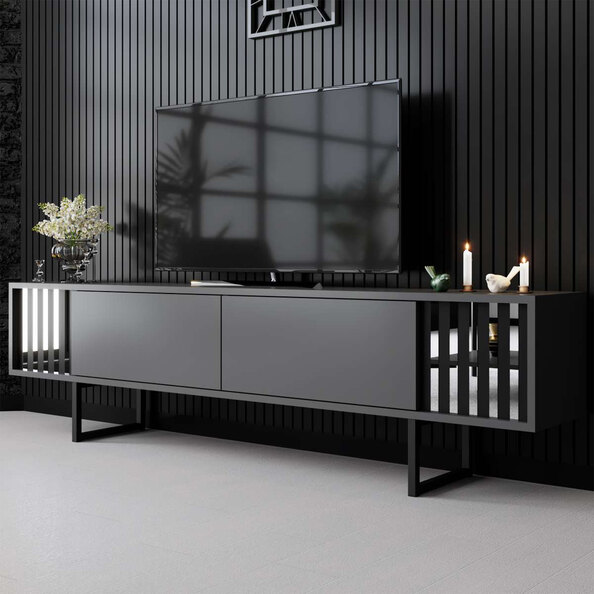 Novara Wooden TV Stand With Metal Legs In Anthracite And Black