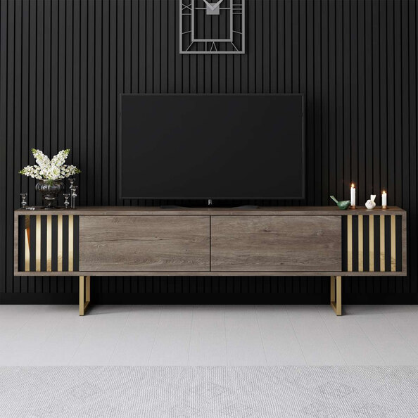 Novara Wooden TV Stand with Metal Legs in Walnut and Gold