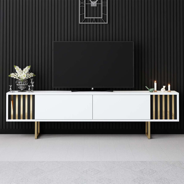 Novara Wooden TV Stand with Metal Legs in White and Gold