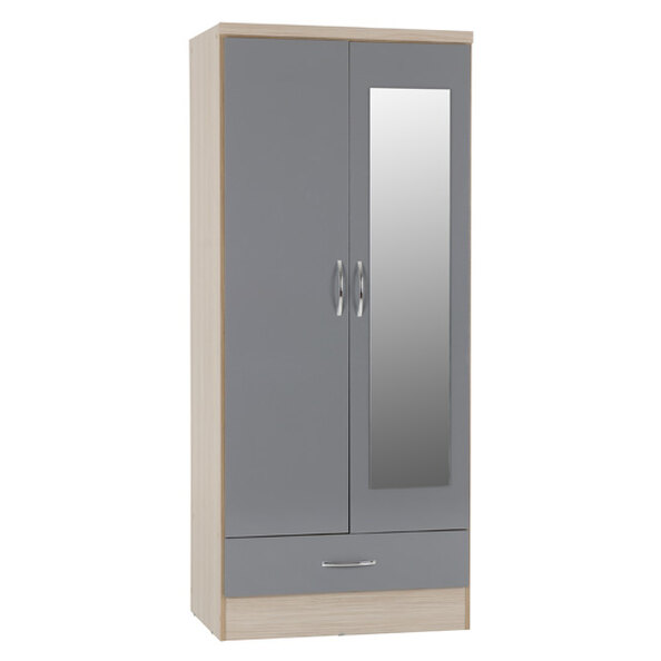 Mack Oak Wooden Wardrobe With 2 Doors 1 Drawer Grey Gloss Front