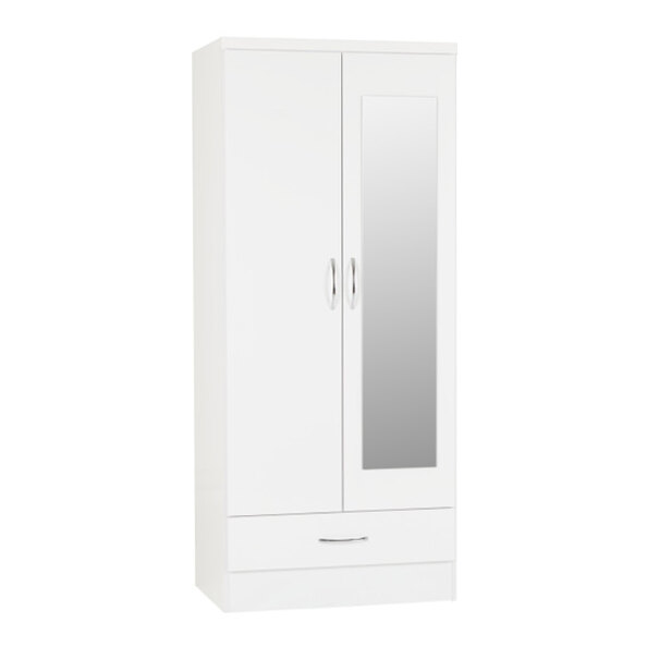Mack Oak Wooden Wardrobe With 2 Doors 1 Drawer White Gloss Front