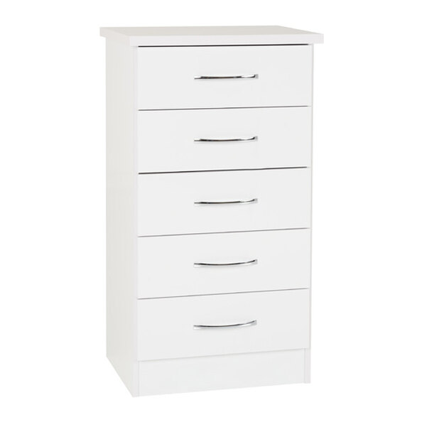 Mack Narrow Oak Wooden Chest Of 5 Drawers With White Gloss Front