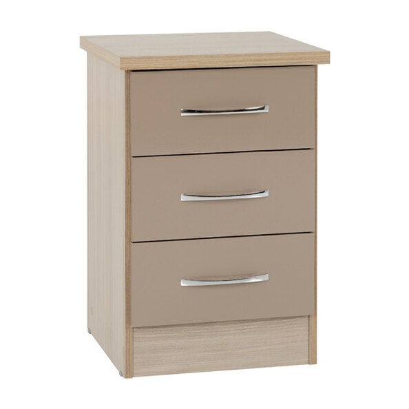 Mack Oak Wooden Bedside Cabinet With 3 Drawers Oyster Gloss Front
