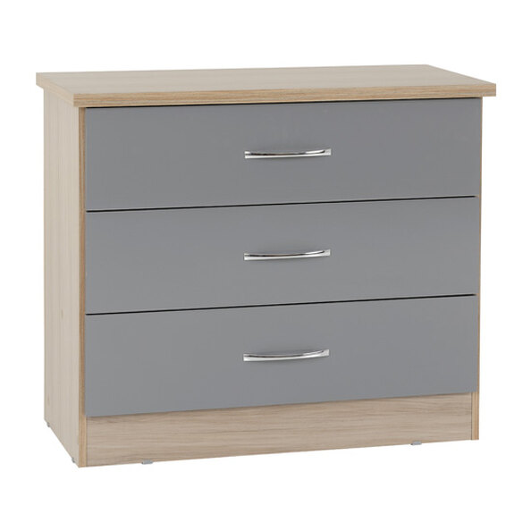 Mack Wooden Chest Of 3 Drawers With Grey Gloss Front In Oak