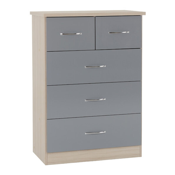 Mack Wooden Chest Of 5 Drawers With Grey Gloss Front In Oak