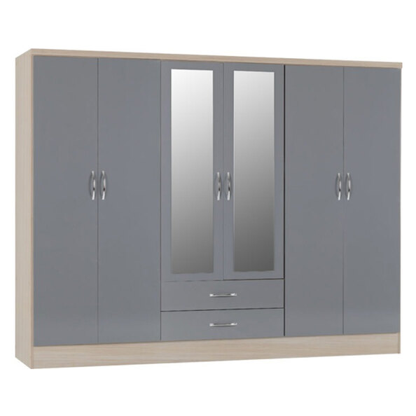 Mack Oak Wooden Wardrobe With 6 Doors Grey Gloss Front