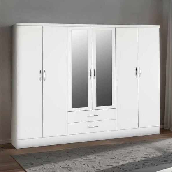 Mack Oak Wooden Wardrobe With 6 Doors White Gloss Front