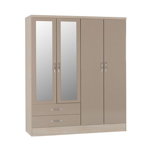 Mack Oak Wooden Wardrobe With 4 Doors Oyster Gloss Front
