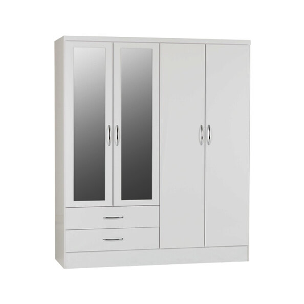 Mack Oak Wooden Wardrobe With 4 Doors 2 Drawers White Gloss Front