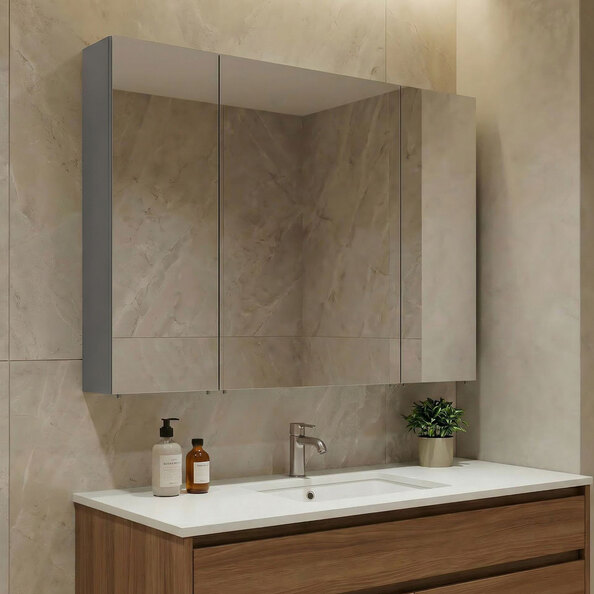 Nuvola 970mm Wooden Bathroom Mirror Cabinet in Grey