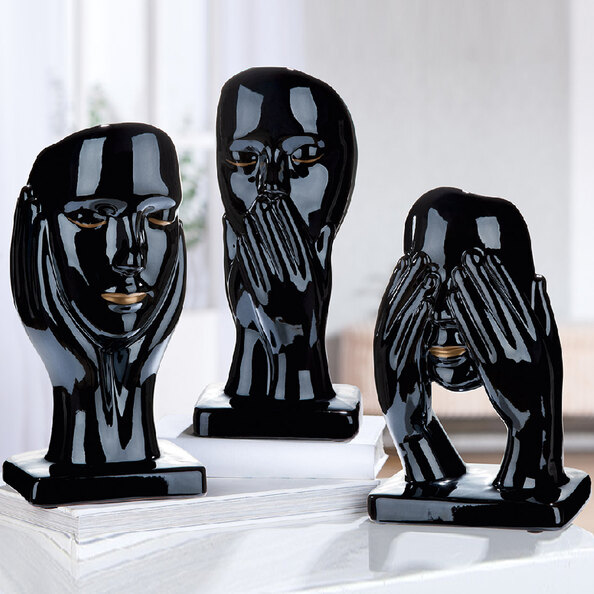 Ocala Ceramics 3 Head Figures Sculpture In Black And Gold