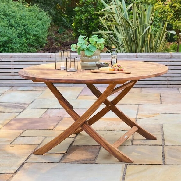 Ocevara Outdoor Acacia Wood Folding Round Dining Table in Golden Brown