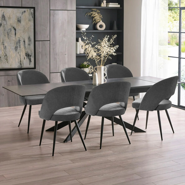 Ocoee Black Ceramic Top Extending Dining Table With 6 Erie Grey Chairs