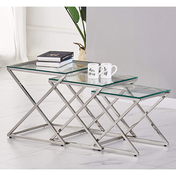 Odell Clear Glass Nest Of 3 Tables With Silver Frame