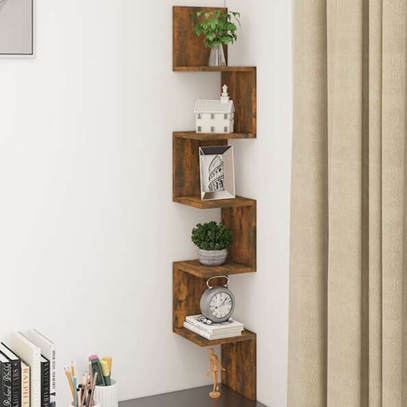 Odierne Corner Wooden Wall Shelf In Smoked Oak