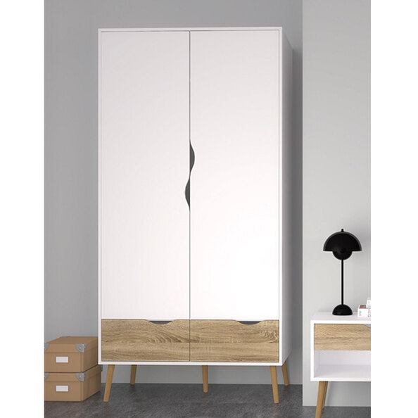 Oklo Wooden Wardrobe With 2 Doors 2 Drawers In White And Oak