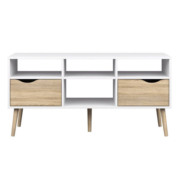 Oklo Wooden TV Stand With 2 Drawers 4 Shelves In White And Oak