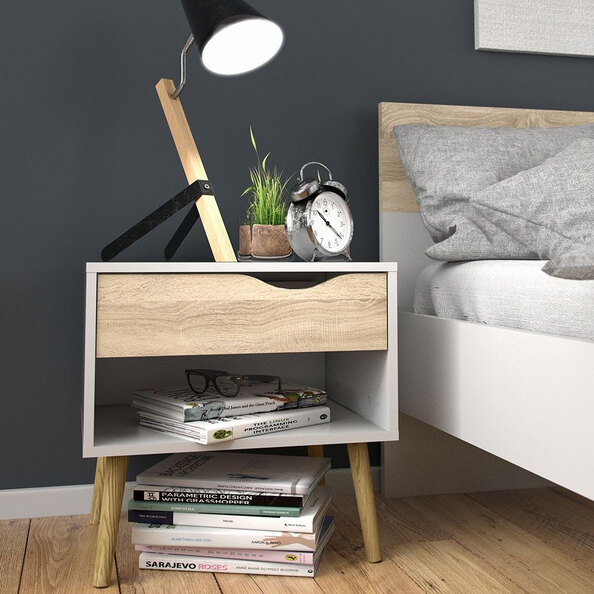 Oklo Wooden Bedside Cabinet with 1 Drawer In White And Oak
