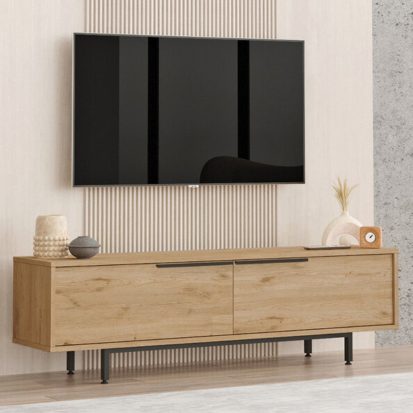 Olara Wooden TV Stand with Black Metal Legs in Walnut
