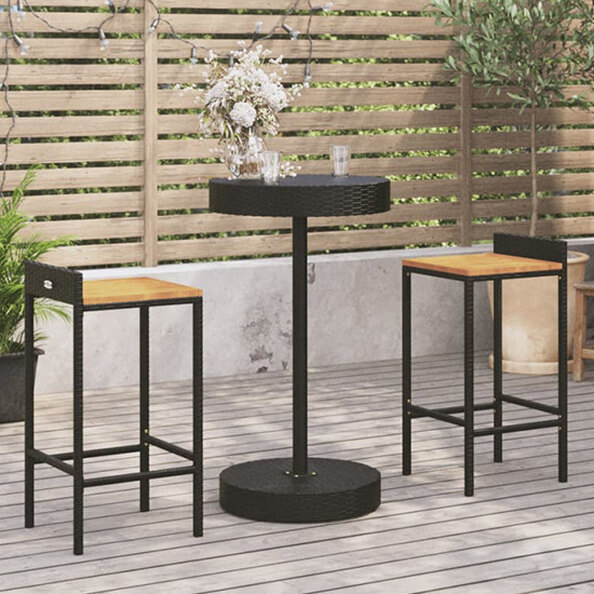 Olivia Solid Wood 3 Piece Garden Bar Set In Black Poly Rattan
