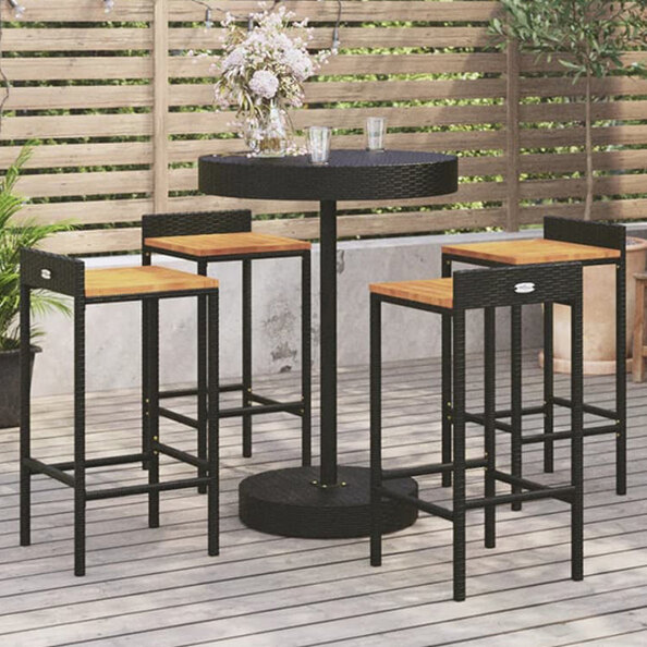 Olivia Solid Wood 5 Piece Garden Bar Set In Black Poly Rattan